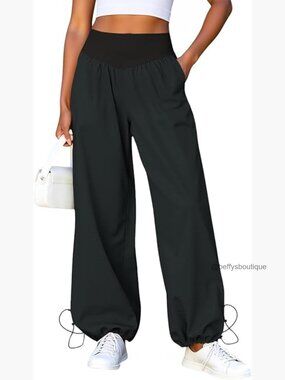 High Waist Wide Leg Track Pants with Drawstring Cuffs and Pockets
